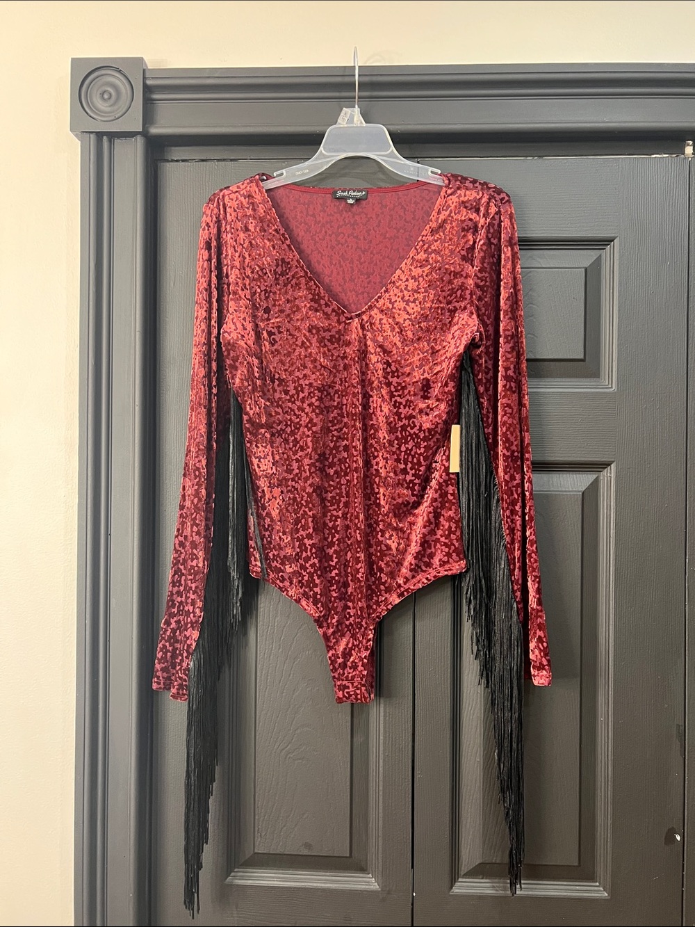 Crushed Velvet Fringe Bodysuit in Burgundy